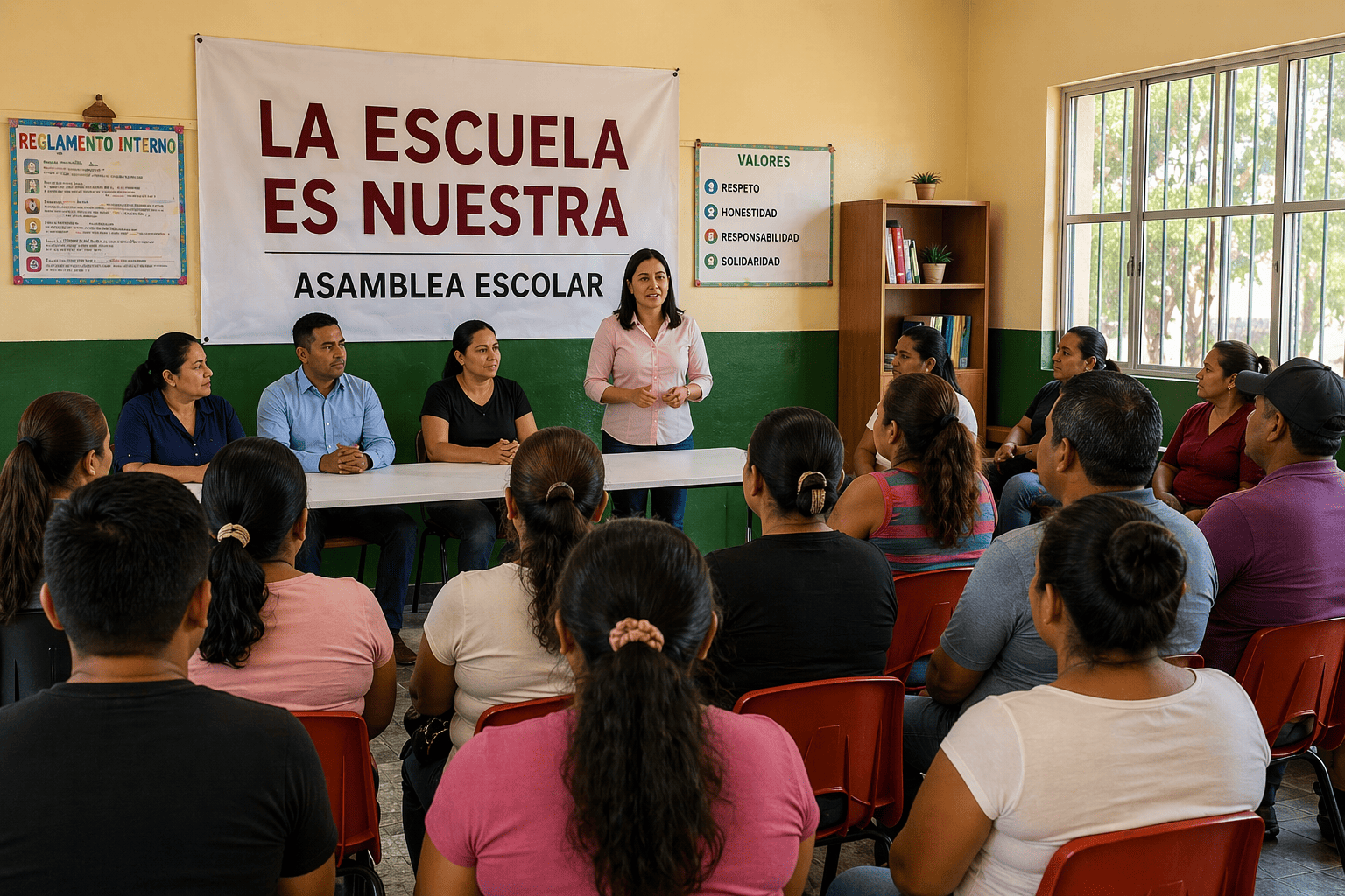 Asamblea escolar del Programa La Escuela es Nuestra con padres de familia, docentes y autoridades escolares participando en la toma de decisiones colectiva